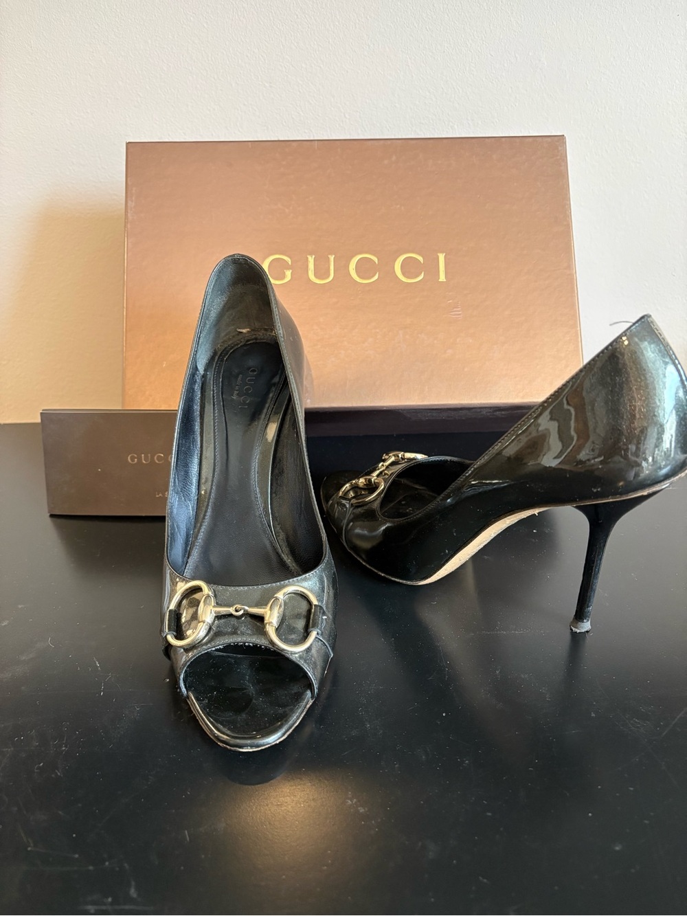 Gucci Black Patent Leather Open-Toe Pump with Gold Horsebit